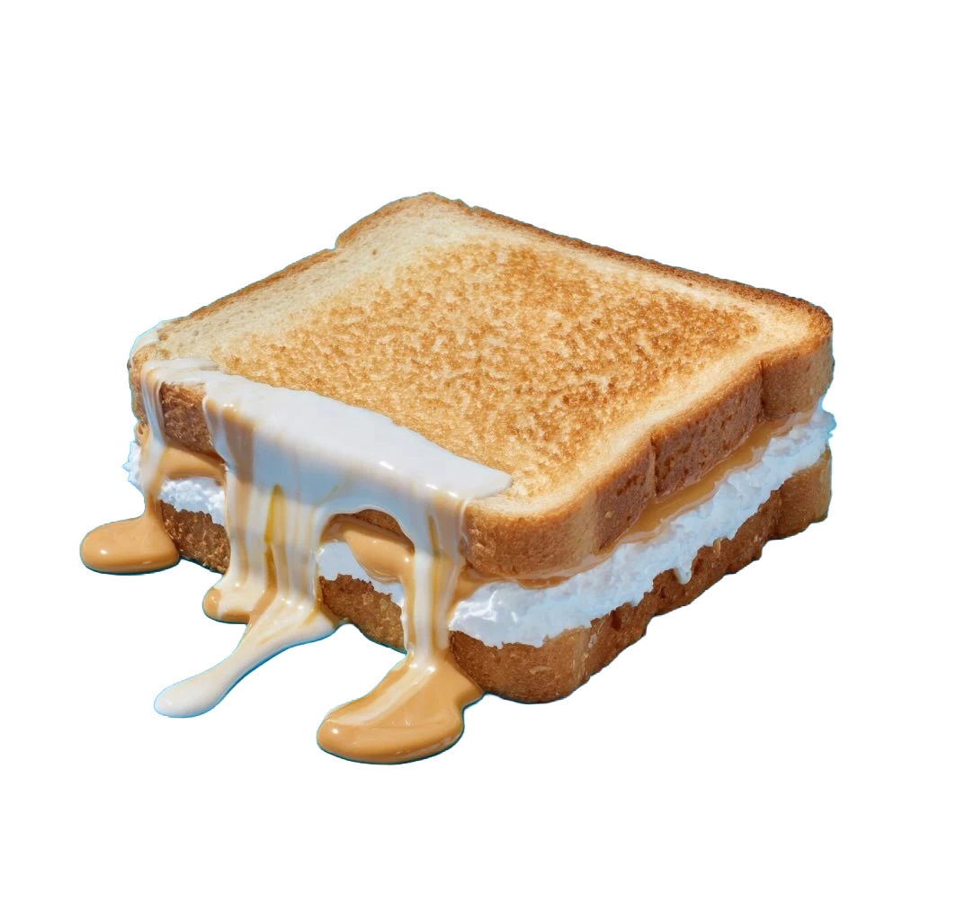 A fluffernutter sandwich, peanut butter and marshmallow fluff dripping down the sides.